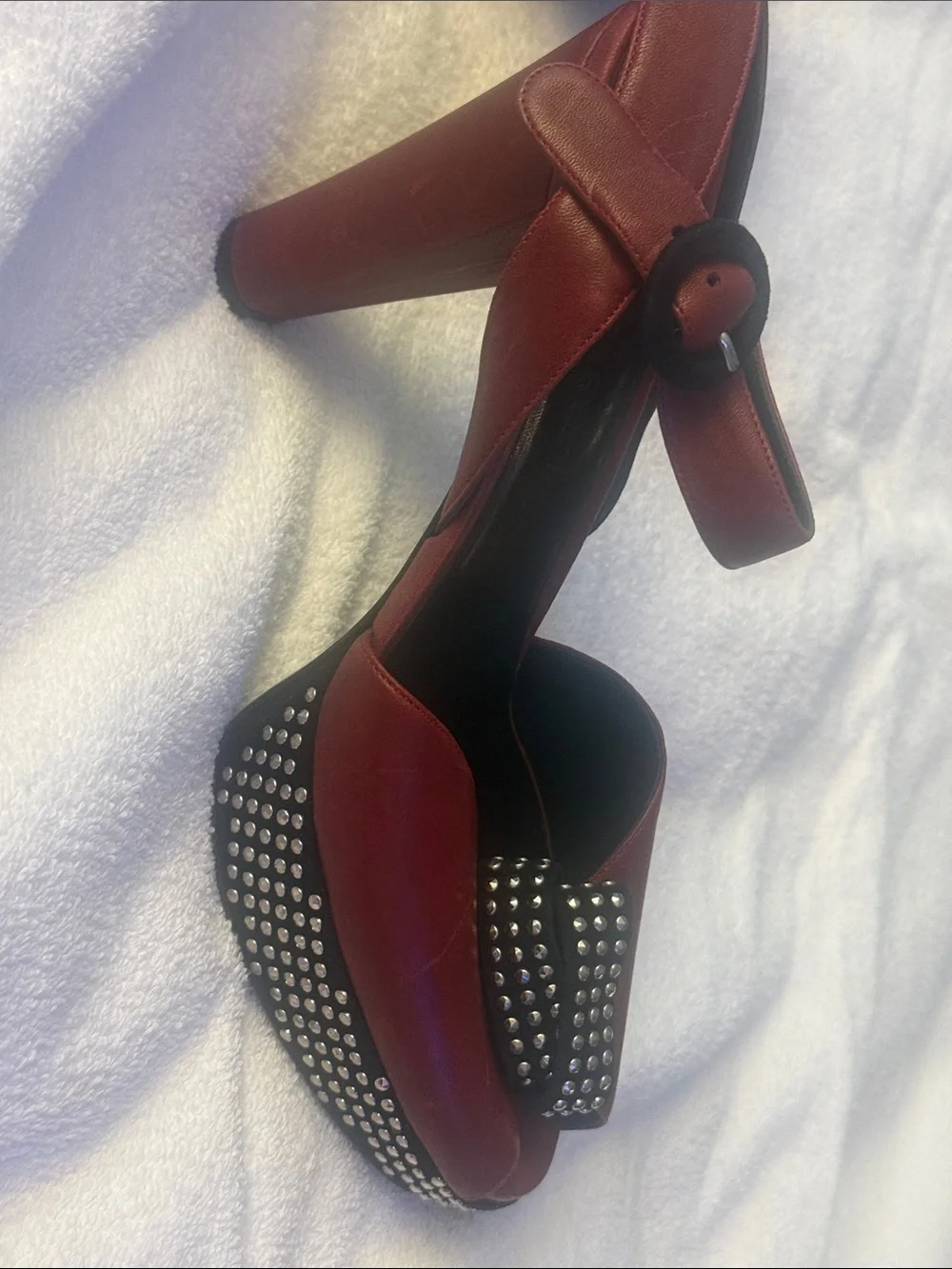 Sonia Rykiel Burgundy Studded Peep-Toe Block Heels with Ankle Strap